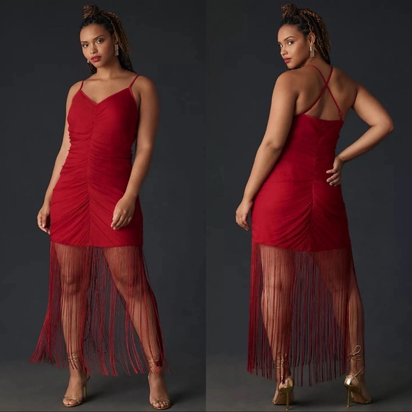 Anthropologie Vineet Bahl Red Wine Elegant Red Fringe Midi Dress - Picture 2 of 8